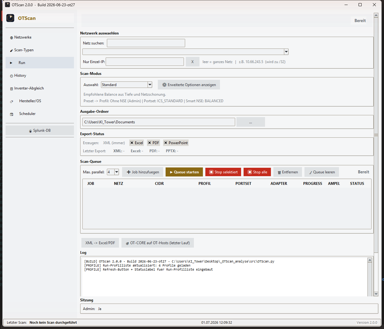 Echtes OTScan-Hauptfenster: Zielbereich, Scan-Profile, Export und Live-Log
